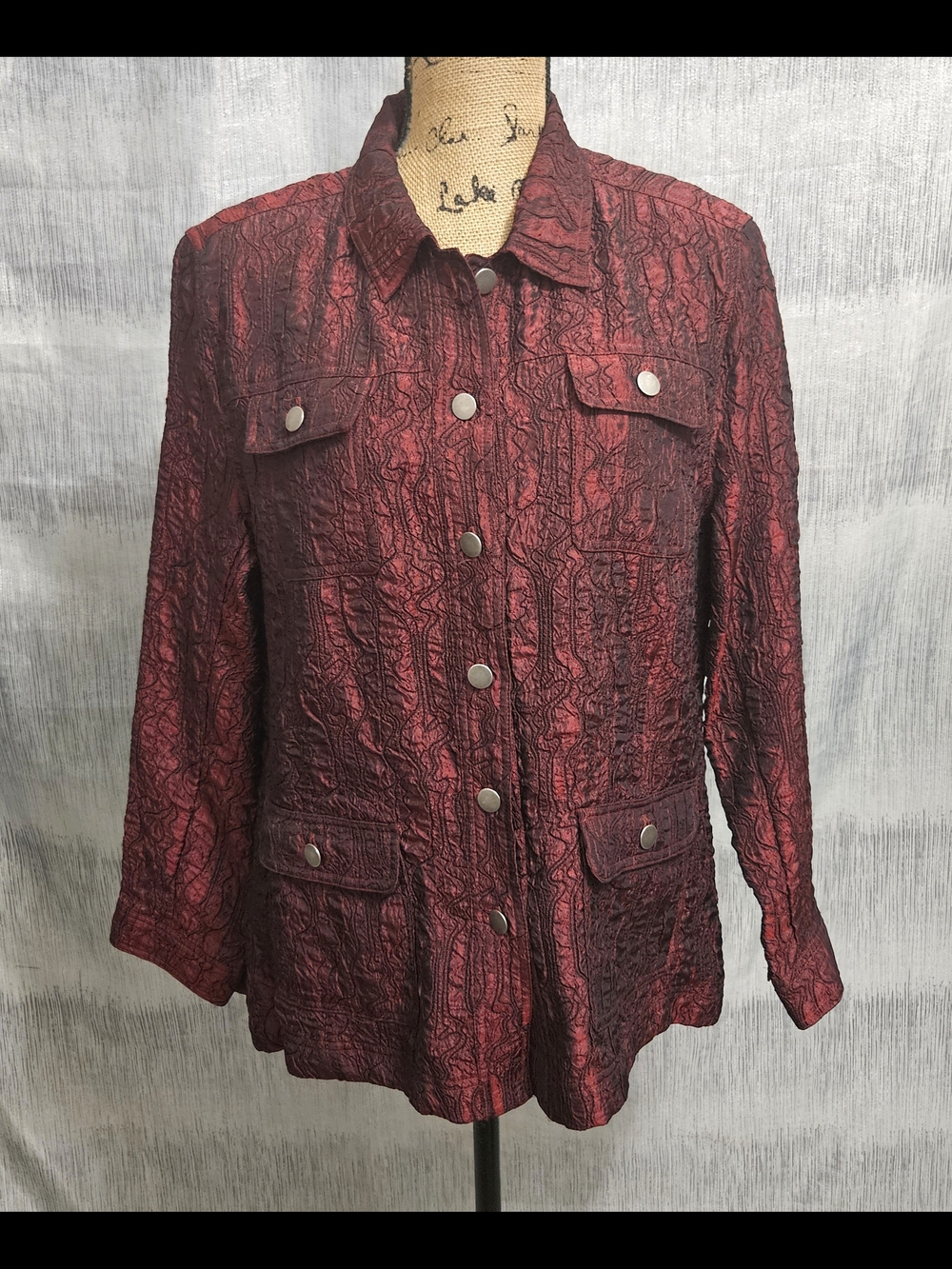 Textured Crimson Utility Jacket with Snap Front